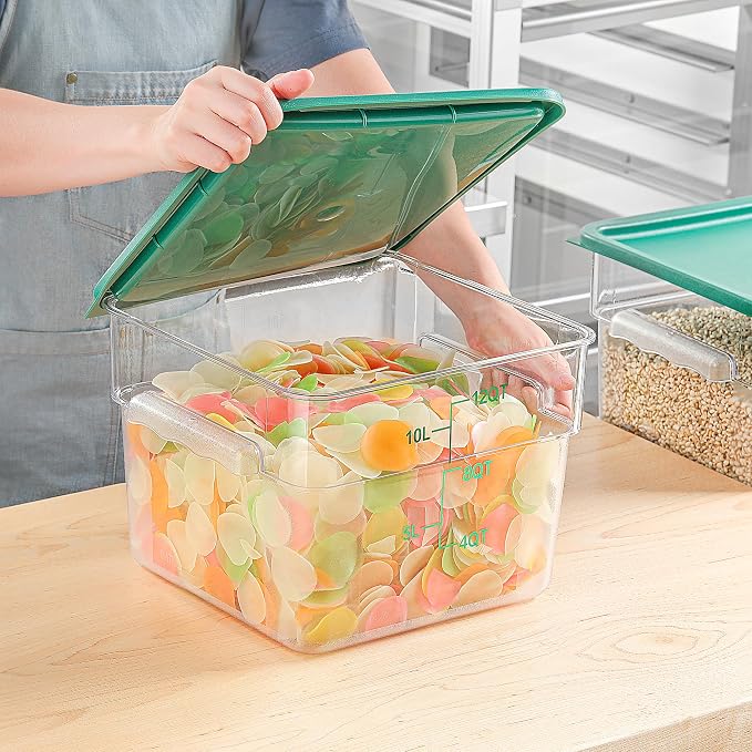 EGGKITPO 8 Pack 12 QT Food Storage Containers with Green Lids Hot Cold Resistant Stackable Square Commercial Container Set with Handle Scarle Commercial Kitchen service Business BPA-Free Polycarbonate