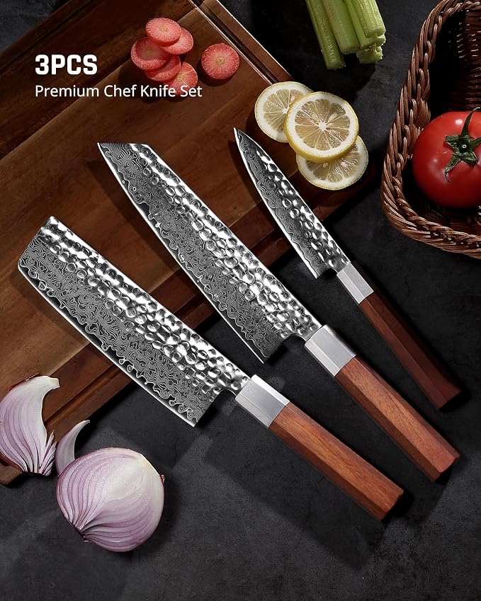 YOTSUBA 3PCS Japanese Damascus kitchen knife set – Ultra Sharp Hand-Forged High Carbon Steel Blades with Genuine Natural Hardwood Handles, Professional Kitchen Knives for Chopping Meat & Vegetables