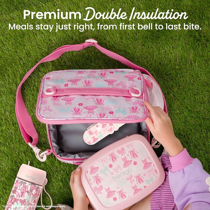 Bentgo Kids Prints Lunch Bag - Double-Insulated, Reusable, for Kids 3+, Adjustable Strap; Holds Lunch Box/Water Bottle/Snacks; Easy-Clean, Water-Resistant, Pockets (NEW Ballet & Bows)