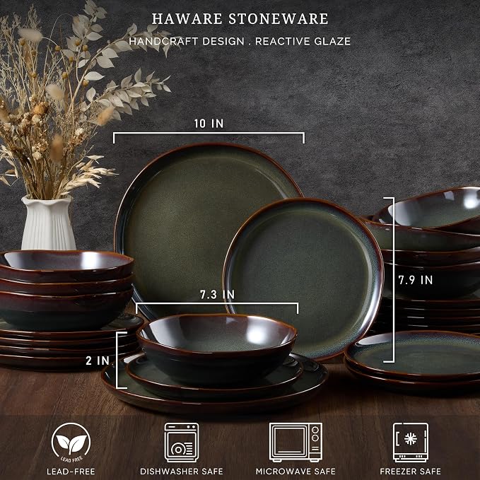 HaWare Stoneware Dinnerware Set, 12-Piece for 4, Reactive Moss Green | Stoneware, Hand-painted rim, Irregular, Scratch Resistant, Microwave &Dishwasher Safe