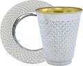 Exquisite 100 Pcs - 50 Sets of 5.5 oz Disposable Plastic Kiddush Cup and Tatz Silver Cup and Saucer Set for Passover, Shabbat, Wedding, Brit and Year Round - Bulk Pack