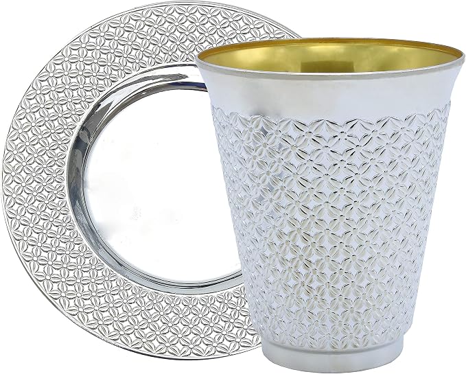 Exquisite 100 Pcs - 50 Sets of 5.5 oz Disposable Plastic Kiddush Cup and Tatz Silver Cup and Saucer Set for Passover, Shabbat, Wedding, Brit and Year Round - Bulk Pack