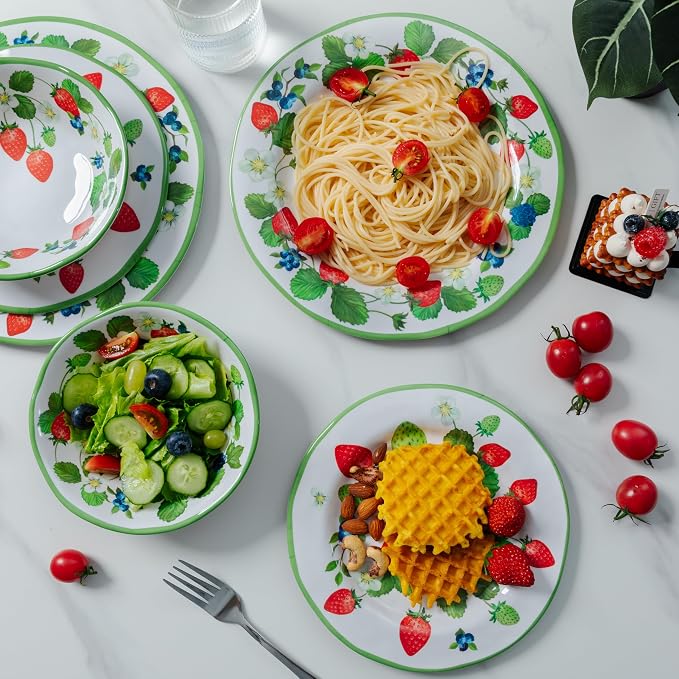 LEHAHA Strawberry Melamine Dinnerware Sets-12pcs Plates and Bowls Set, Lightweight/Unbreakable Camping Dishes Set for 4, Cute Kitchen Dinner Set for Indoor Outdoor Use