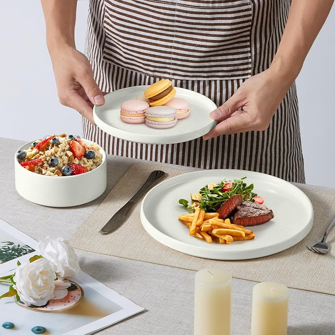 E-far Dinnerware Sets with Pasta Bowls, 24-Piece Stoneware Plates and Bowls Sets for 6 | Microwave & Dishwasher Safe Kitchen Modern Dish Set, Speckled White