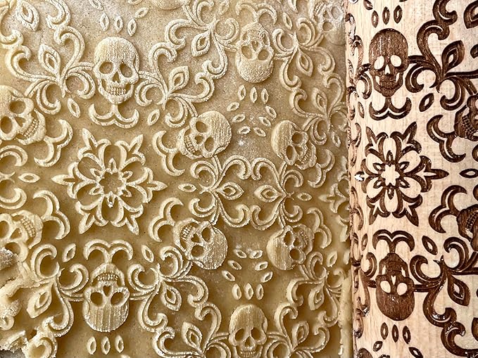 SKULL WREATH Embossing Rolling Pin with SKULLS, Spooky, Death's-head, Halloween Sugar. Laser Engraved Dough Roller for Embossing Homemade Halloween Cookies by Algis Crafts