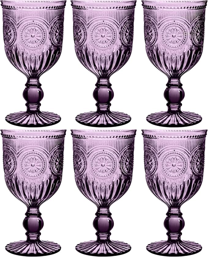 Purple Wine Glasses set of 6 purple goblets. GLASS goblets for wine, water or cocktails, vintage glassware and DISHWASHER SAFE, colorful glassware.