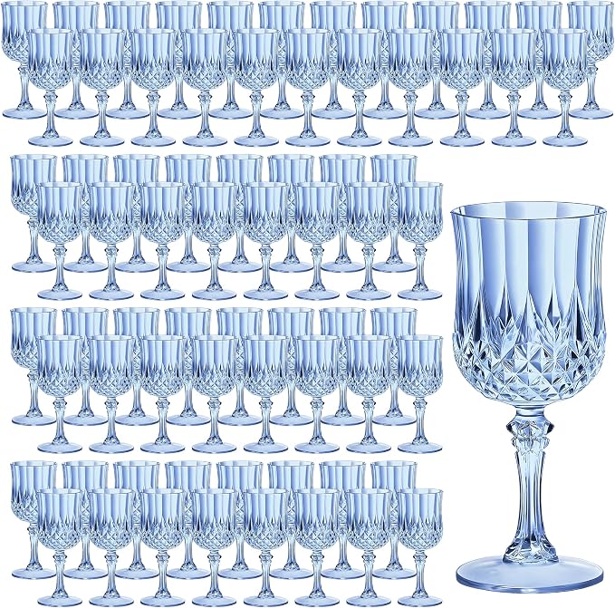 7OZ Plastic Wine Glasses, Reusable Vintage Goblets Unbreakable Drinking Glasses Crystal Water Cups Champagne for Wedding, Parties (100, Blue)