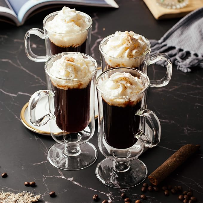 BTaT- Double Walled Glass Irish Coffee Mugs, 10 oz, Set of 4, Glass Coffee Cups with Handle, Insulated Clear Irish Coffee Mug for Hot and Cold Beverages, Cappuccino, Latte, Americano, Microwave Safe