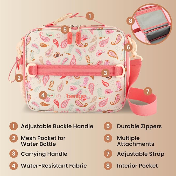 Bentgo Kids Prints Lunch Bag - Double-Insulated, Reusable, for Kids 3+, Adjustable Strap; Holds Lunch Box/Water Bottle/Snacks; Easy-Clean, Water-Resistant, Pockets (NEW Cowgirl Dreams)
