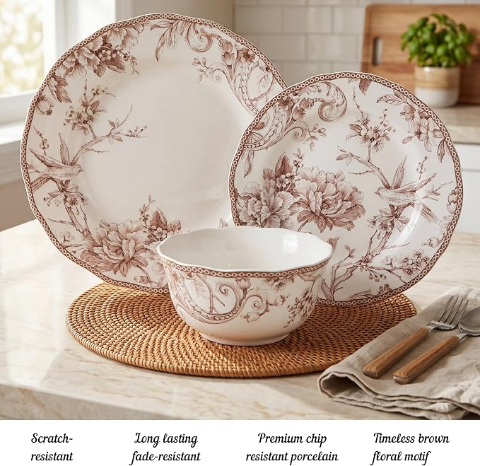 222 Fifth Adelaide Brown on White 12-Piece Dinnerware Set – Service for 4, Big Dinner Plates and Bowls Sets,Durable Porcelain, Microwave and Dishwasher Safe, for Everyday Dining & Entertainment