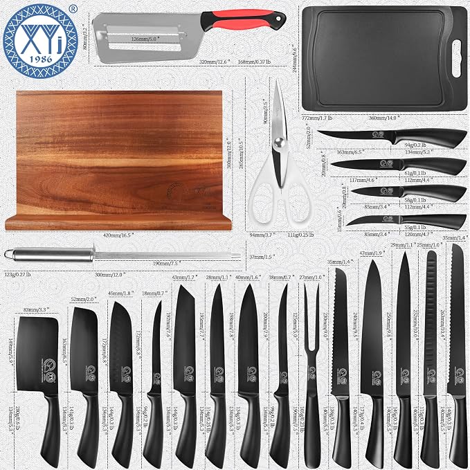 XYJ Knife Block Set, Chef Knives Set with Wooden Magnetic Knife Block, Fork, Cutting Board, Sharpening Stick, Scissors, Stainless Steel Japanese Kitchen Knives, Vegetable Slicer, Peeler, Gloves