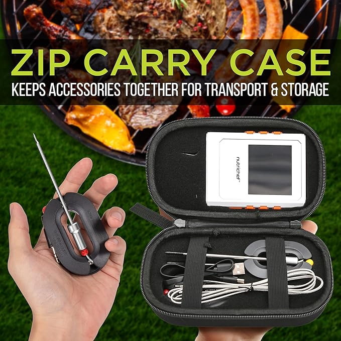 Nutrichef Wireless Meat Thermometer with 2 Stainless Steel Probes, Bluetooth and WiFi Smartphone App for Monitoring Food Temp and Remote Alerts, Digital Display, for Grilling and BBQ Smoking