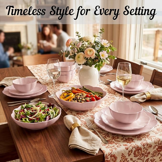 Sango 12 Pieces Scalloped Dinnerware Set, Modern Pink Dishes for 4, Premium Serving Plates & Bowls Sets, Chip Resistant, Blush Ceramic Dishware, Kitchen Dish, Microwave & Dishwasher Safe, Bethany