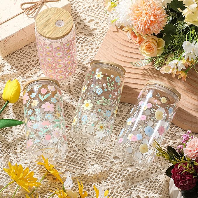 Mumufy 4 Pack Wildflower Glass Cups Gift Aesthetic Cute Glass Cup Tumbler Flower Iced Coffee Mugs 16 oz with Bamboo Lid & Straw, for Wedding Birthday Bridesmaid Mom Baby Shower