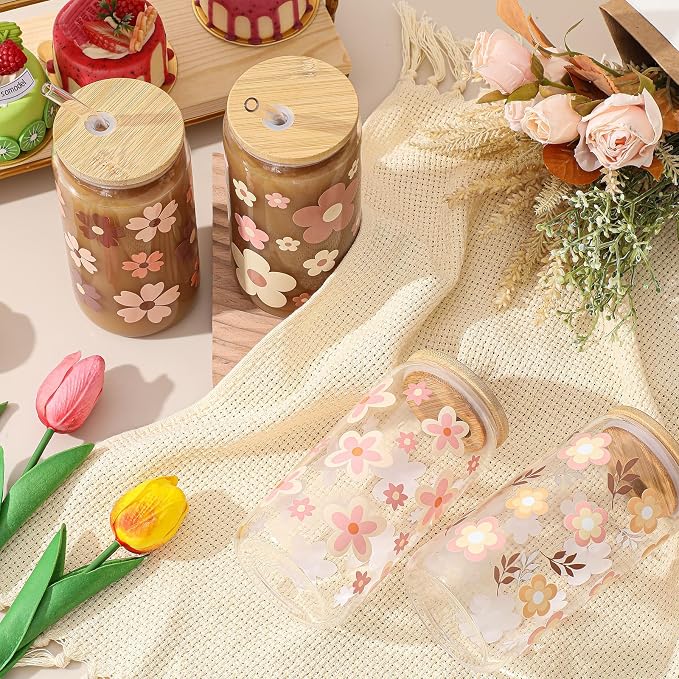 Mumufy 4 Pack Wildflower Glass Cups Gift Aesthetic Cute Glass Cup Tumbler Flower Iced Coffee Mugs 16 oz with Bamboo Lid & Straw, for Wedding Birthday Bridesmaid Mom Baby Shower