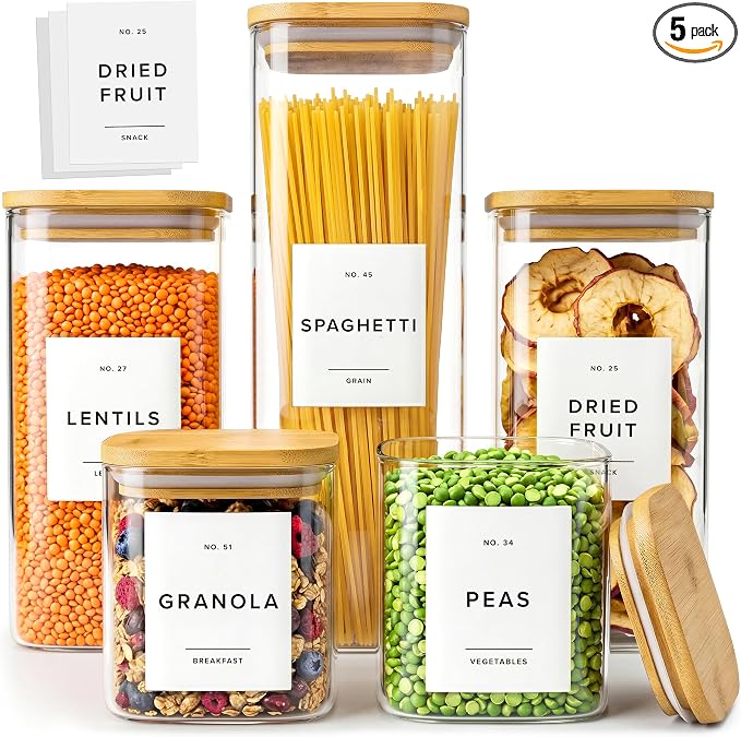 EDELHAUS Glass Storage Containers with Lids - Canister for Pantry Food | Bamboo Lids White Labels Set of 5 - cereal flour sugar rice coffee tea spice pasta noodles dry goods 54 pre-printed labels