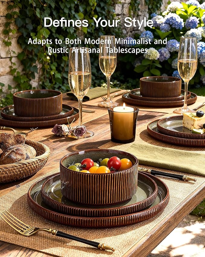 24-Piece Dinnerware Set Service for 8, Famiware Premium Stoneware Dish Set with Ribbed Plates and Deep Bowls, Double Reactive Glaze, Chip & Scratch Resistant, Microwave & Dishwasher Safe, Moss Cocoa