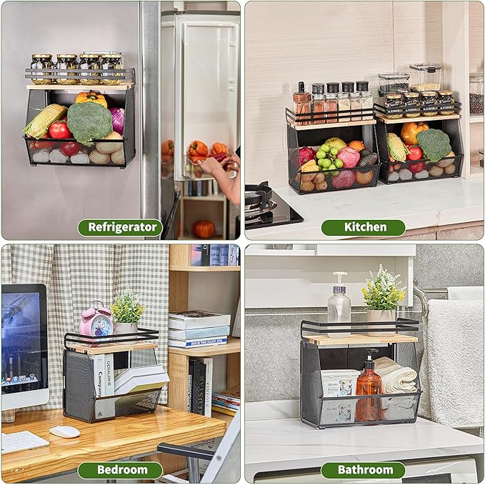 Imncya 2 Pack Magnetic Shelf for Fridge with Wood Lid, Large Container Magnetic Fruit Basket Spice Rack, Potato Onion Storage Organizer Magnetics Shelves for Refrigerator, Kitchen Counter, Pantry