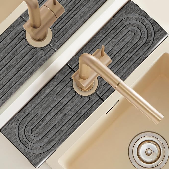 Diatomite Sink Mat around Faucet, Instant Dry Stone Sink Tray Cleaning Tools Holder Prevents Moisture Buildup, Sink Splash Guard for Bathroom Laundry Counter, Elegance Stylish Birthday Gift, Dark Gray