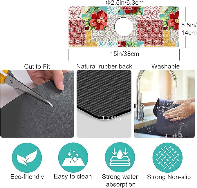 Kitchen Sink Splash Guard Faucet Mat Super Absorbent Fast Drying Mat Sink Gadgets Splash Guard Behind Faucet Drip Catcher for Kitchen (Boho Trellis, 15x5.5in)