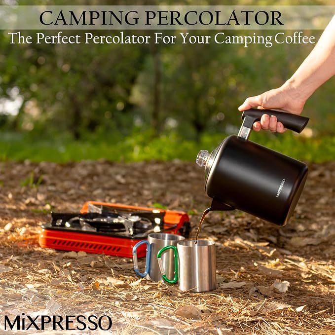 Mixpresso Black Stainless Steel Coffee Percolator Stovetop, 37oz Classic Percolator Coffee Pot, Great For Camping Pot, 5-8 Cup Stove Top Espresso Maker, Cool-Touch Handle