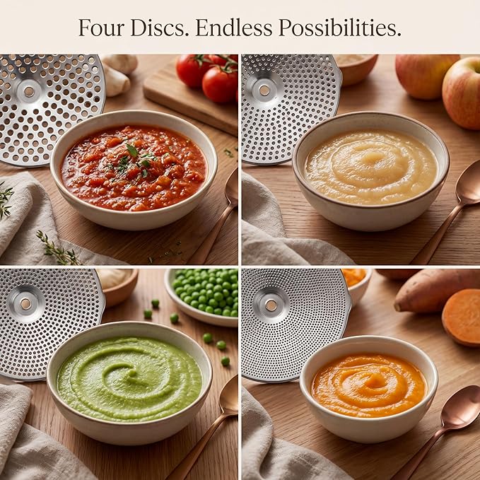 Premium 4-Disc Stainless Steel Food Mill – Ergonomic Rotary Hand Crank for Tomato Sauce, Canning, Applesauce, Baby Food, Mashed Potatoes, Puree & Jams