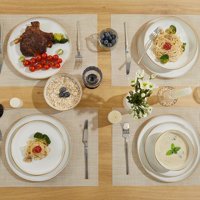 Pokini Plates and Bowls Sets, 16 Pieces Dinnerware Set for 4 with Pasta Bowls, Handmade Dishes Set, Chip Resistant Dishware Sets, Microwave Safe Dinner Set, Designed for Interactive Meals, White