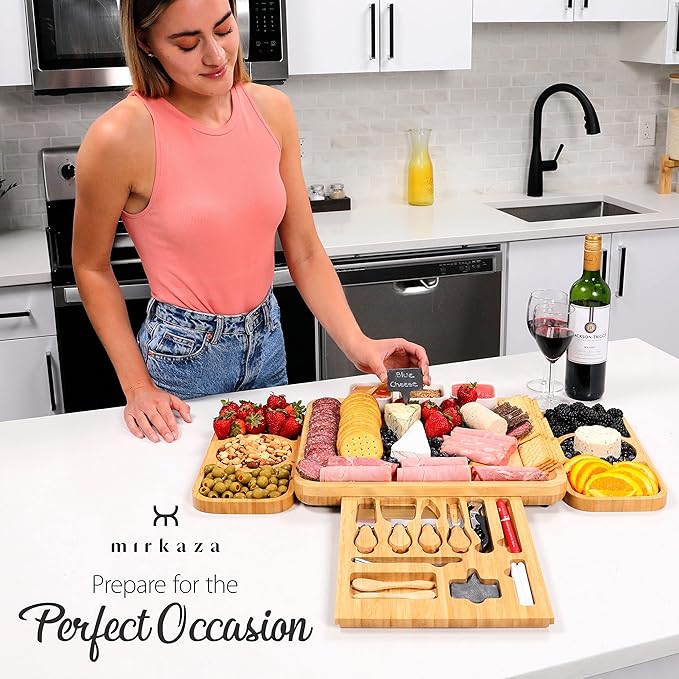 Bamboo Cheese Board and Knife Set, Wood Charcuterie Boards Set with Wine Glass Marker, Cheese boards Tray, Unique House warming Gifts for New Home, Gift Bridal Shower, Anniversary