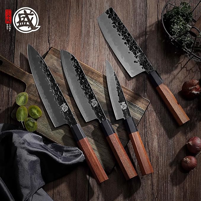 MITSUMOTO SAKARI 4-Piece Japanese Chef Knife Set, San-Mai 9Cr18MoV | Gyuto Santoku Nakiri Paring, Deep-Cryo Heat Treatment, Tsuchime Food Release, Rosewood Handles, Sandalwood Box