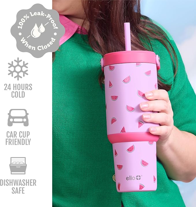 Ello Oasis Go+ 32oz Tumbler with Top Handle and Retracting Straw | Reusable Insulated Stainless Steel Cup, 100% Leakproof Water Bottle, 24 Hours Cold, Cup Holder Friendly For Travel | One In a Melon