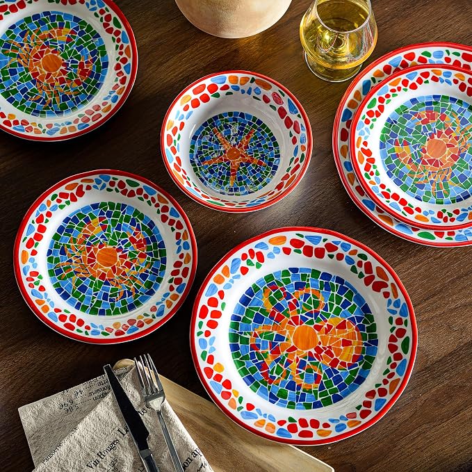 Melamine Dinnerware Sets for 4,Unbreakable Coastal Red Dishes | Reusable Plates and Bowls Sets, Chip Resistant Dinnerware Set for Camping, Lightweight Dishes with Nautical Ocean