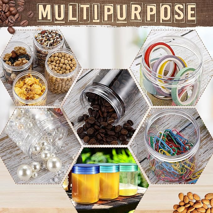 Sliner 60 Pcs 8 oz Plastic Jars with Lids Clear Round Leakproof Storage Containers Empty Refillable Plastic Mason Jars for Travel Storage Face Creams Kitchen Household Food Spice (Fresh Color)
