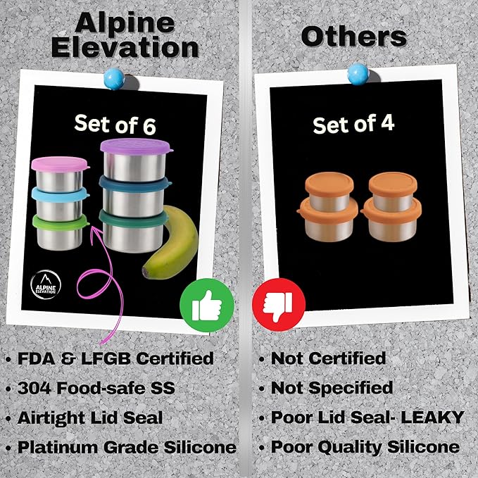 Alpine Elevation 12-Piece Stainless Steel Snack Dip Condiment Containers Set | 3 x 7.4 oz and 3 x 3.4 oz with Silicone Lids | Reusable Leakproof Food Storage Containers for Lunch Meal Prep and Travel