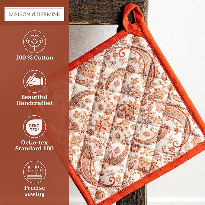 Maison d' Hermine Pot Holders 100% Cotton Heat Resistant Potholders 8" x 8" Hot Pads with Loop for Thanksgiving Christmas Decorations BBQ Cooking Baking Handling Hot Pans (Pack of 1, Cachemire)