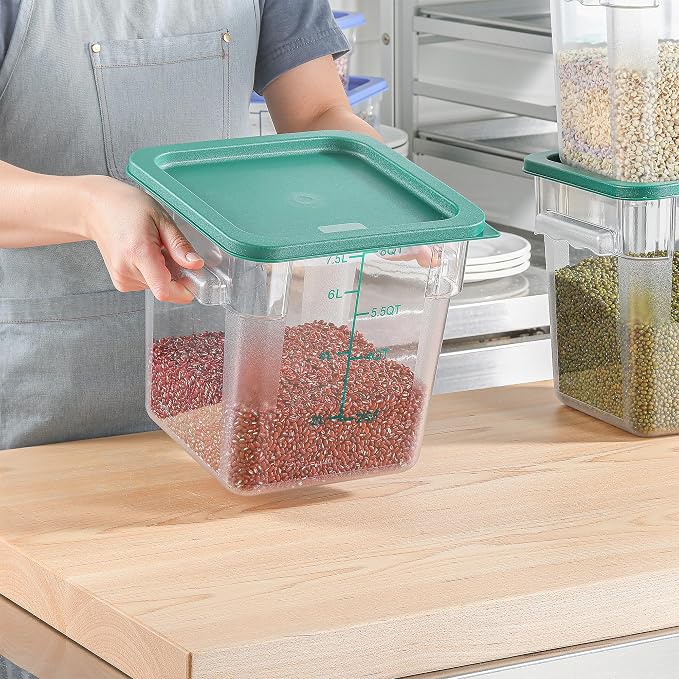 EGGKITPO 4 Pack 8 QT Food Storage Containers with Green Lids Handle and Scarle Stackable Clear Square Commercial Container Set For Dough Proofing Home Restaurant Kitchen Supply BPA-Free Polycarbonate