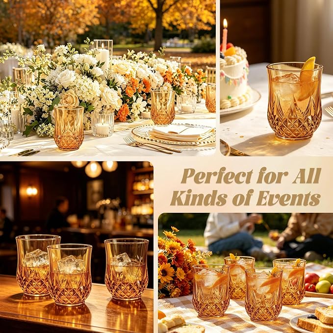 24 Pack Plastic Stemless Wine Glasses,12oz Unbreakable Vintage Elegant Drinking Glass Set,Reusable Fancy Cocktail Cups for Party, Wedding, and Bulk Events (24, 12oz-Amber)