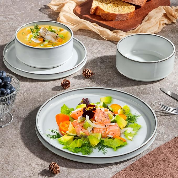 Herogo 12 Pieces Stoneware Dinnerware Set for 4, Ceramic Dinner Dishware Sets for Home Kitchen, Plates and Bowls with Rustic Terracotta Bottom, Dishwasher & Microwave Safe, Icy White