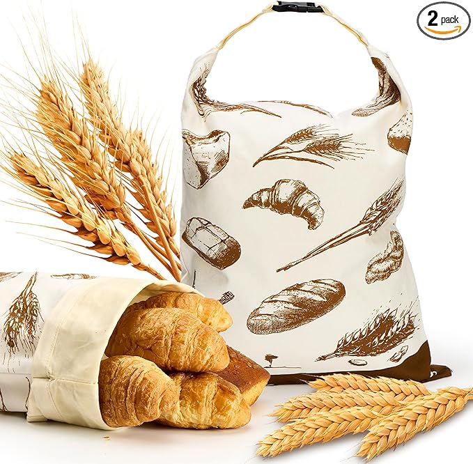 Beeswax Bread Bags for Homemade Sourdough - 2 Pack Reusable Organic Cotton Natural Beeswax Lined Large Bees Wax Storage Bag for Homemade Sourdough & Bakery Bread.