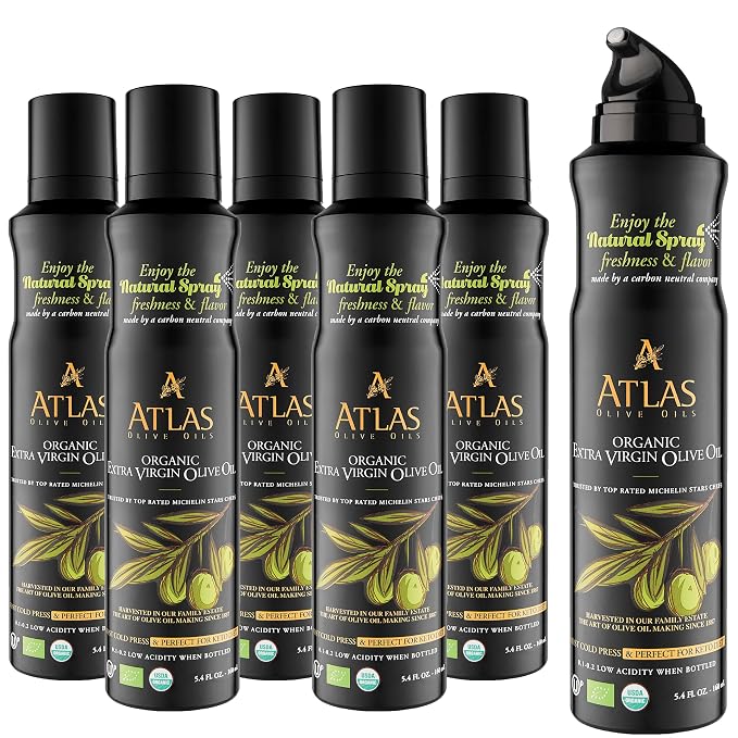 Olive Oil Spray by Atlas, Dual Function Olive Oil Cooking Spray and Stream, 5.4 fl oz, 6 Pack, Extra Virgin, Non Stick, Cold Pressed, Polyphenol Rich, Organic Moroccan EVOO, Hydroxytyrosol, Keto