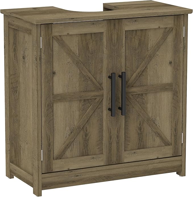 HOMCOM Pedestal Sink Storage Cabinet, Farmhouse Freestanding Bathroom Sink Cabinet with 2 Barn Doors and Adjustable Shelf, Distressed Light Gray