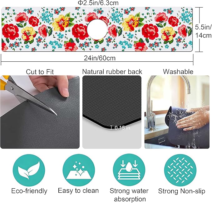 Kitchen Sink Splash Guard Faucet Mat Super Absorbent Fast Drying Mat Sink Gadgets Splash Guard Behind Faucet Drip Catcher for Kitchen (Beautiful Flower, 23.5x5.5in)