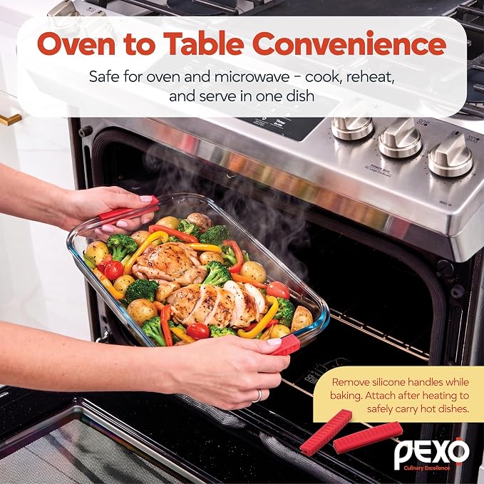 Pexo 8 Piece Glass Baking Dish Set with Plastic Lids, With Silicone Handles for Easy Grip (1.06QT, 1.69QT, 2.32QT, 3.17QT), Clear Glass Casserole Dishes for Oven, Airtight Lids, Glass Bakeware, Freezer, Oven, and Dishwasher safe (Red)