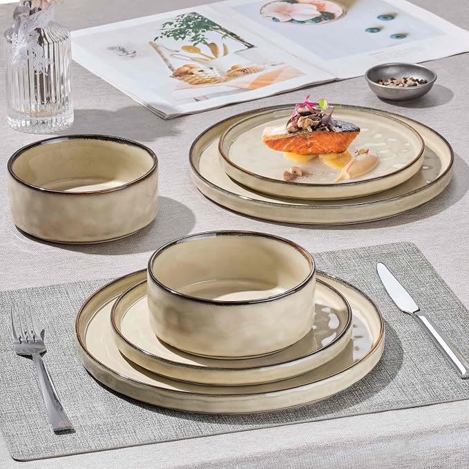 Herogo Dinnerware Dishes Sets, 18 Pieces Plates and Bowls Sets for 6, Kitchen Serving Dishes, Dishwasher & Microwave Safe, Cream Khaki