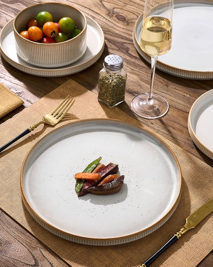8-Piece Dinner/Salad Plates Set for 4, Cappuccino White | Chip & scratch resistant stoneware dinnerware. Microwave & dishwasher safe. Handcrafted reactive glaze. For daily & serving.
