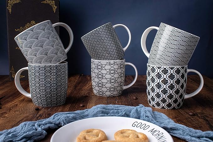 Set of 6 11.5 oz Coffee Mugs with Black and White Geometric Patterns, Ceramic Tea Cup Set