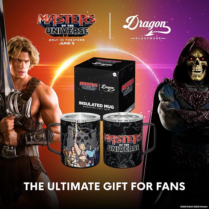 Dragon Glassware x Masters of the Universe (MOTU) Stainless Steel Camp Mug - 12 oz Insulated Camping Mug for Coffee, Tea, Matcha, Hot Beverages - Official 2026 Movie Merch - MOTU