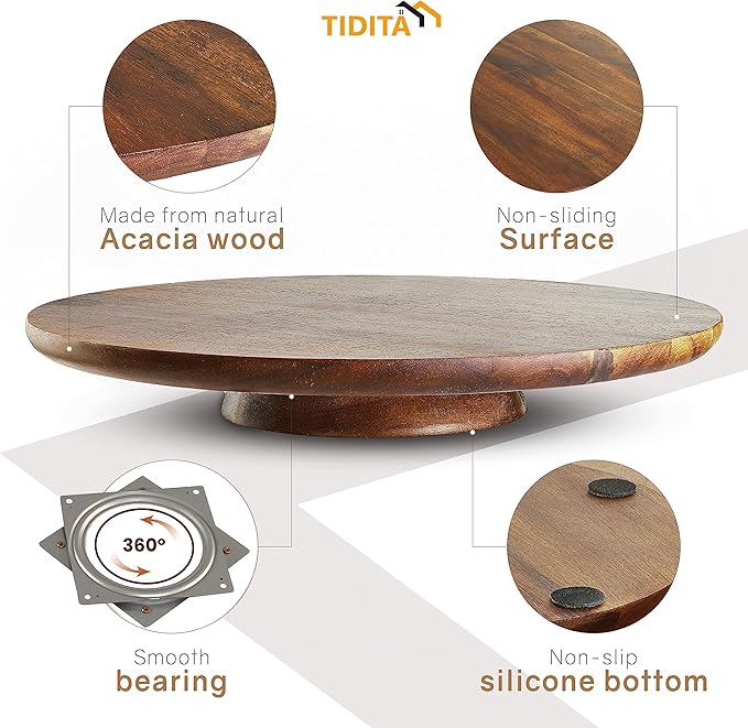 TIDITA 13" Acacia Cake Stand Rotating – Rustic Wood Turntable Pedestal Stands – Wooden Spinning Tables for Food Serving - Round Cake Decorating for Cupcake Dessert Display in Party, Wedding, Birthday