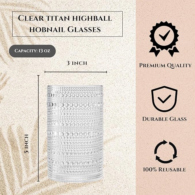Khen Plastic Hobnail Drinking Highball Glasses Set of 6 Clear Color Cups 14oz, Shatterproof & Unbreakable Acrylic Beaded Design, BPA-Free, Dishwasher Safe Indoor/Outdoor Drinkware for Water, Cocktails