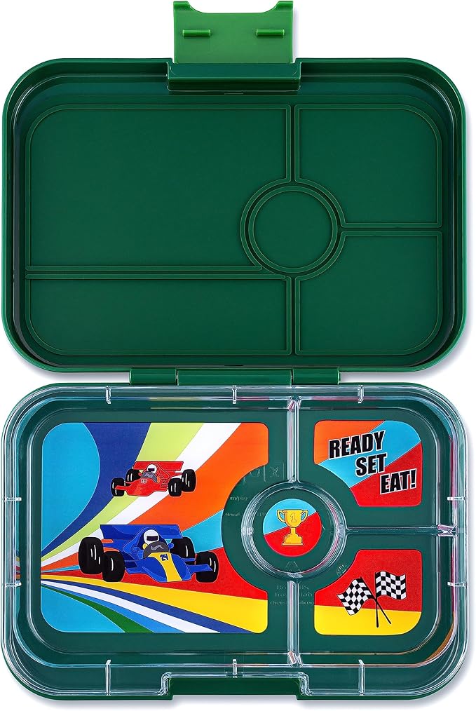 Yumbox Tapas 4-Compartment Bento Lunch Box, Large Size, Perfect for Sandwiches, Eco-friendly, Leakproof (Greenwich Green- Race Cars Tray)