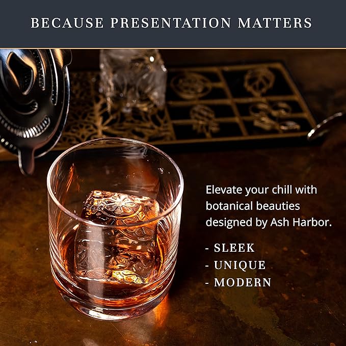 Clear Ice Cube Maker Design Tray - Craft Modern Ice Molds for Bourbon & Cocktails in 5 Seconds - Whiskey Mold Cube Stamp – Bartender Accessories - Copper Ice Press Cocktails by Ash Harbor (Botanicals)